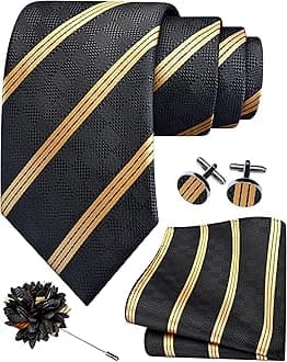 GUSLESON 3.15"（8cm） Mens Stripe Tie and Lapel Pin Necktie Hankerchief Cufflinks Set for Men
