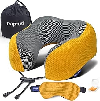 napfun Neck Pillow for Traveling, Upgraded Travel Neck Pillow for Airplane 100% Pure Memory Foam Travel Pillow for Airplane Travel Essentials, Series 3 Luxury Sets, Yellow, Medium (120-200LB)