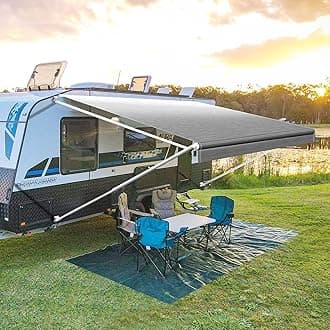 YESCAMP Manual RV Awning Complete Kit Retractable Camper Awning for RV or Trailers RV Roll Out Awning for Camper or 5th Wheel,Travel Trailers,Toy Haulers,Motohome(17Ft,White Frame,Grey Fade)