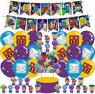 Geometry Dash Birthday Party Decorations ,Geometry Dash Birthday Party Favor with Banner, Ballons,Cake Topper, Cupcake Toppers for Boys Girls Fans Geometry Dash Party Supplies, Purple