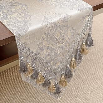Table Runner with Tassels, Damask Table Runner for Dining Room/Restaurant/Banquet Decoration (33x180cm, Beige)