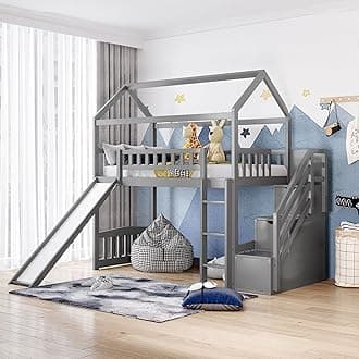 Actual Wood Twin Loft Bed with Slide for Kids, House Loft Bed with Pitched RoofGuardrails3 StairsLadder2 Storage Drawers.X (Gray+Wood+Twin LOFT Bed)