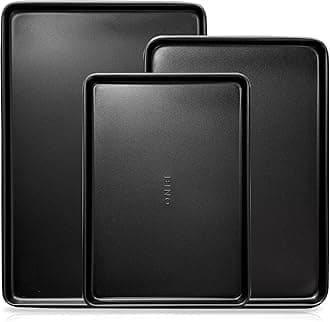 BINO Bakeware Nonstick Cookie Sheet Baking Tray Set, 3-Piece - Black | Non Stick Baking Pans Set | Carbon Steel Tray Bakeware Sets | Oven Safe | Cookie Sheet Pans | Food-Safe