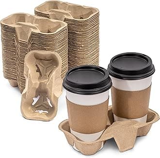 FMP Brands 100 Pack 2 Cup Pulp Fiber Drink Carrier Trays, Biodegradable Cup Holder Carrier for Hot and Cold Drinks, Disposable Drink Carrier for Delivery, Uber Eats, Coffee Shops