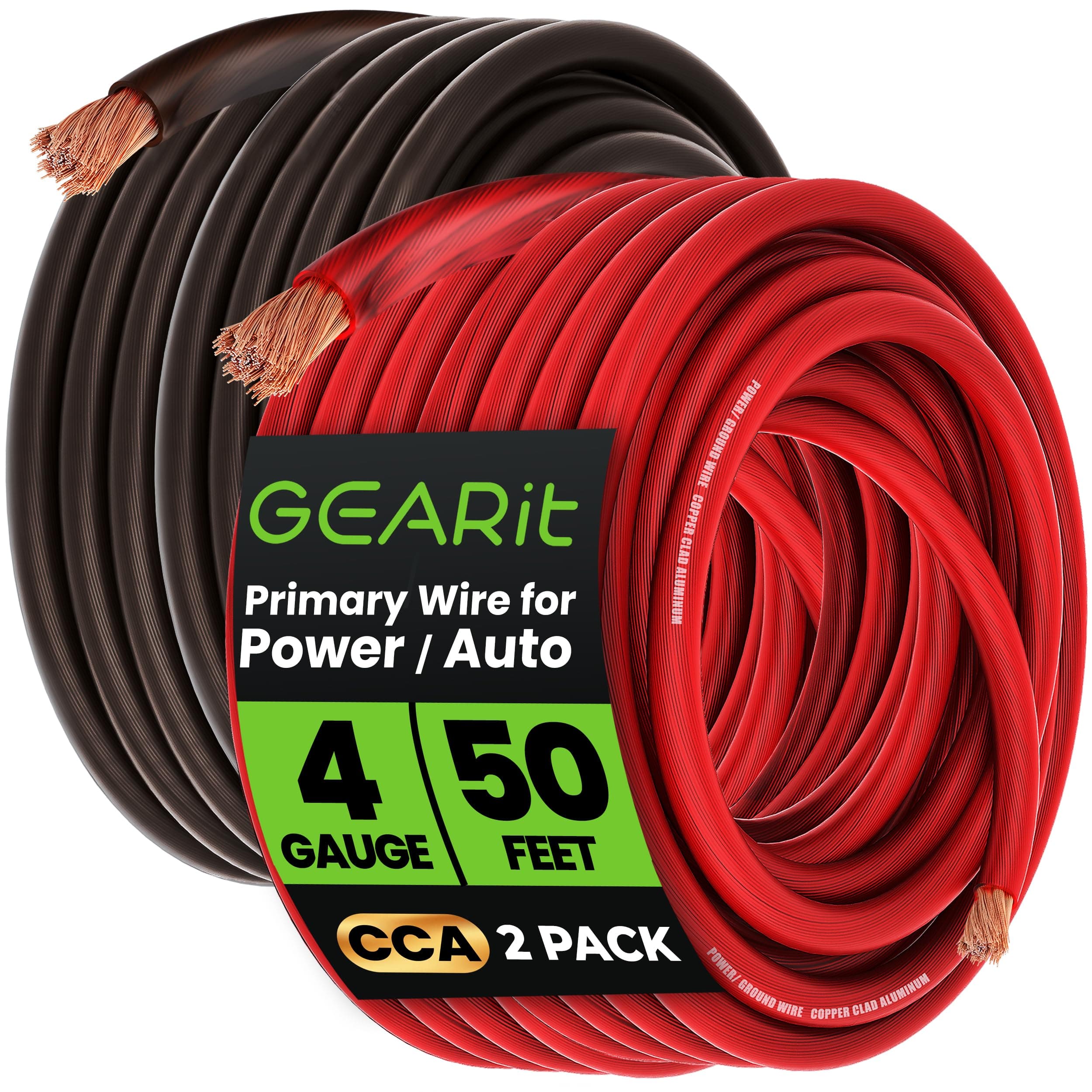 GEARit 4 Gauge Wire (50ft Each - Black/Red Translucent) Copper Clad Aluminum CCA - Primary Automotive Wire Power/Ground, Battery Cable, Car Audio Speaker, RV Trailer, Amp, Electrical 4ga AWG 50 Feet
