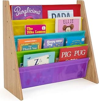 HumbleCrew Kids Book Rack Storage Bookshelf, 4 Tiers, Rainbow/Natural Wood