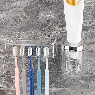 5 Slots Wall Mount Toothbrush Holder with Cover, Self Adhesive Tooth Brush Storage Organizer for Shower Bathrooms, Toothbrush Stand with Automatic Toothpaste Squeezer Dispenser
