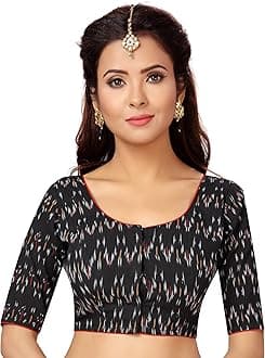 STUDIO ShringaarWomen's Readymade Ikat Print Black Pure Cotton Saree Blouse with Elbow Length Sleeves
