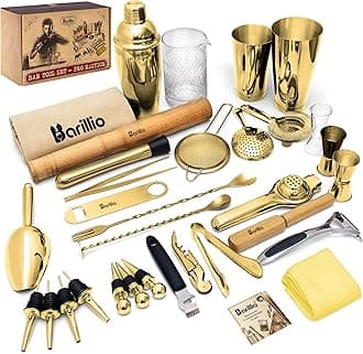 Barillio Bar Tool Set Pro Edition - Gold Stainless-Steel Cocktail Shaker Set - Mixology Bartender Kit w/Boston Shaker, Drink Mixer & Muddler for Cocktails - Home Bar Accessories - 32-Pc Bar kit