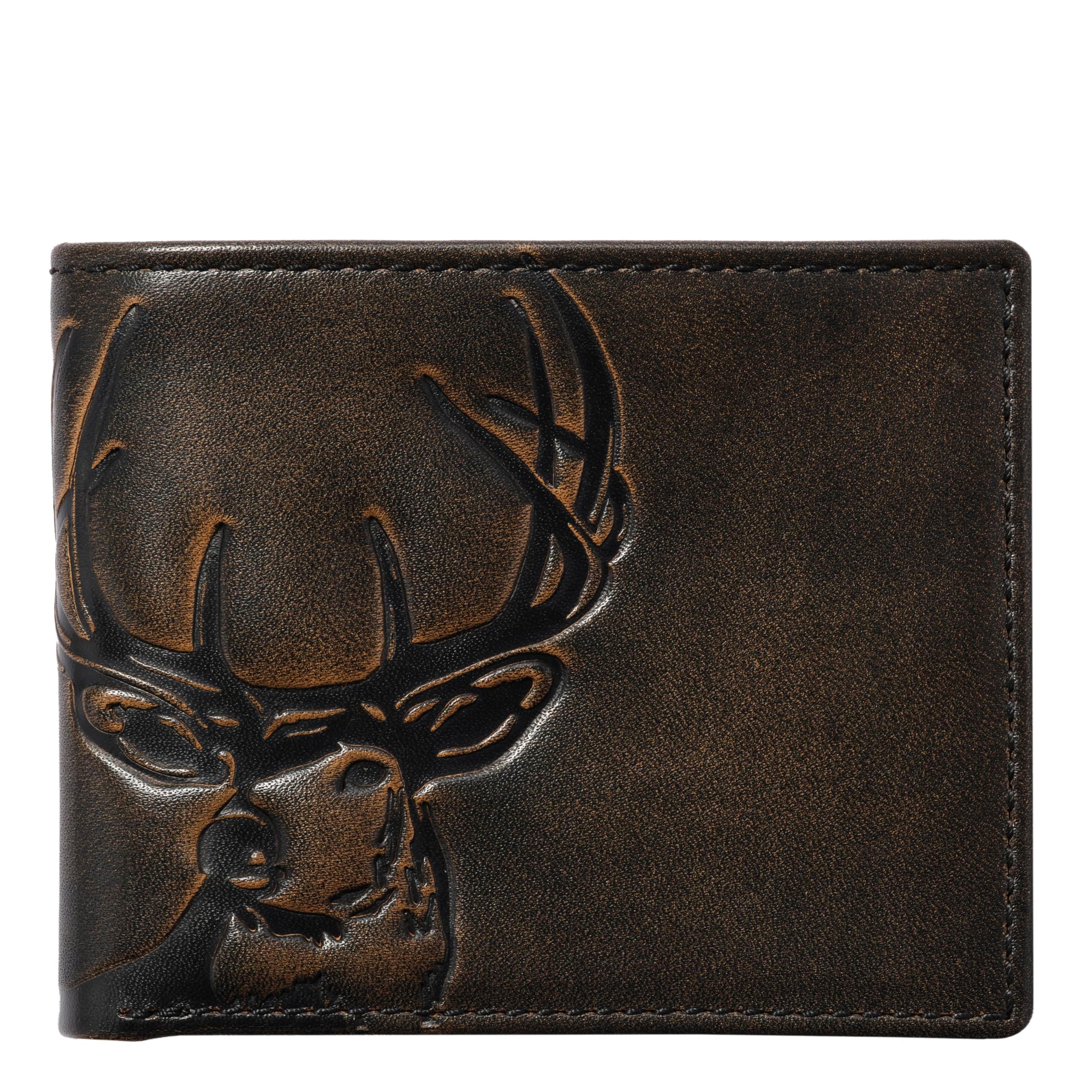 Deer Bifold Wallet for Men with Two ID Windows, Camou Lined Hunting Wallet, Full Grain Cowhide Leather Wallet, Black