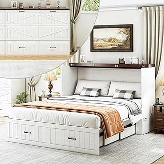 Full Size Multi-Functional Murphy Cabinet Bed with Charging Station, Farmhouse Full Size Bed Frame with Drawer, Hidden Folding Murphy Bed Chest for Bedroom, Rustic White