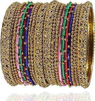 NMII Metal with Golden Zircon Gemstone & Silk Thread Studded worked Ball Chain Linked Stylish Bangle Set For Women and Girls