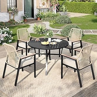 5 Pieces Round Outdoor Dining Set for 4, Patio Dining Set Wicker Rattan Chairs with Soft Cushion and 42" Round Table with Umbrella Hole, Round Patio Table and Chairs for Backyard Porch