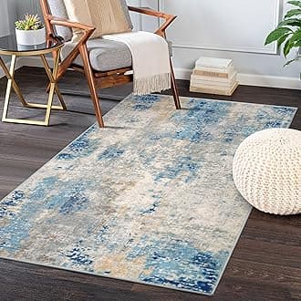 Lahome Modern Abstract Area Rug - 3x5 Washable Bedroom Rug Soft Throw Entry Mat Contemporary Faux Wool Non-Slip Stain Resistant Carpet for Living Room Kitchen Bath Office,Blue/Yellow/Ivory