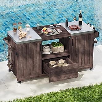 JIJIWANG 66.5" Outdoor Kitchen Island for Big Green Egg Grills, Outdoor Patio Bar Table with Stainless Steel Top and Adjustable Shelf, Rolling Grill Table Cart for Outside, Kitchen, BBQ, Dark Brown