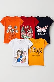 T2F Girls Cotton Printed Regular Fit T-Shirt (Pack of 5)