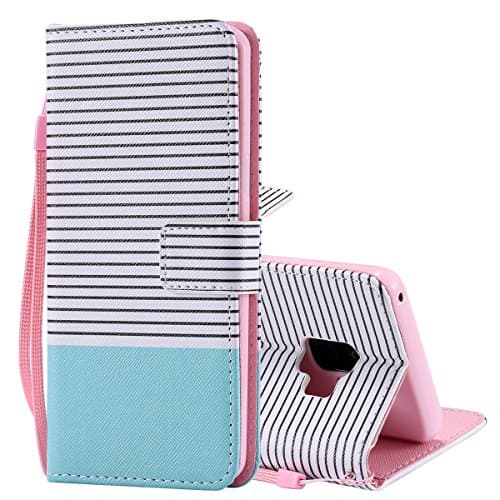 Galaxy S9 Case,S9 Case,Snewill S9 Wallet Case PU Leather Flip Case Cover with Card Slots & Kickstand for Samsung Galaxy S9 - Minimal Mint Stripes