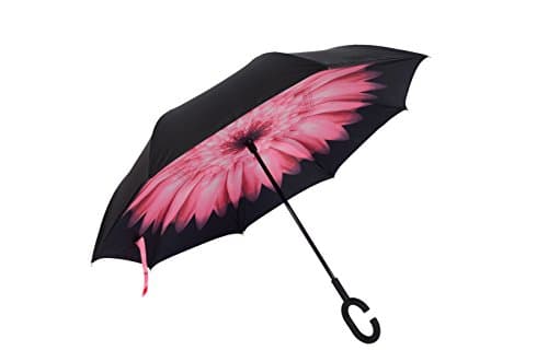 Double Layer Inverted Umbrella C-shaped Handle Reverse & Self Standing Inside Out Umbrella(color pink)