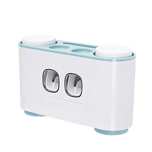Dustproof Toothbrush Holder Toothpaste Dispenser and Dustproof Cup Combination Wall Mount Bathroom Storage Accessories Set (Blue)