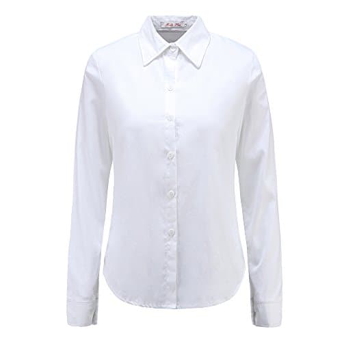 Moda Jihan's Lady's Cotton Blouse Collared Button Down Shirt Long Sleeve White Women Blouse (L)