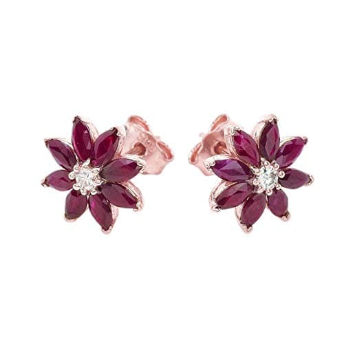 Exotic 14k Gold Daisy Diamond and Genuine Ruby Flower Stud Earrings
