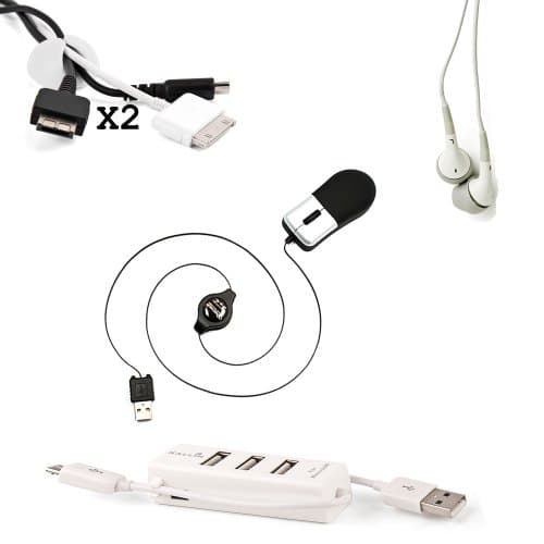 Dell XPS 13 Desk Organizer Kit ; White Micro USB 2.0 3 Port HUB + Optical Mini Mouse with Retractable Cord + x2 White Cable Organizers + White 3.5mm Jack Headphones!