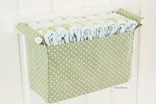 Wall hanging diaper caddy in light olive, dark mint colour, baby nursery room, baby shower gift