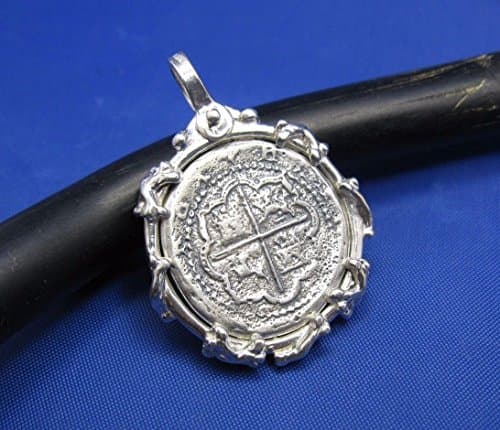 Sterling Silver Pirate Cob Doubloon Replica with Skeleton Bone Wrapped Bezel (Unique Shipwreck Coin Pendant)