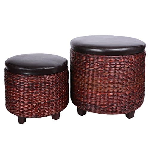 Eshow Handmade Storage Ottoman Bench 2-Piece Leather Cube Storage Stool Rattan Bulrush Upholstery Weave Frames Seating, Brown