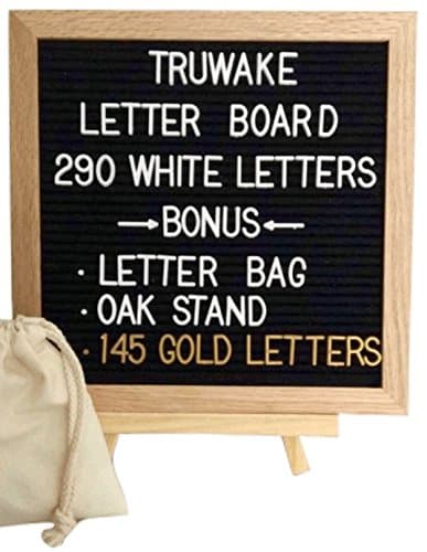 Letter Board - 10x10 Inch Solid Oak Frame Black Felt Letter Board with 435 Letters - Changeable Letter Board Includes 290 White Characters, BONUS 145 Gold Characters, Oak Stand, Letter Bag by TruWake