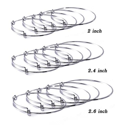 (2'',2.4'',2.6'',Each 5 pcs) 15pcs Expandable Wire Blank Bangle Bracelet for DIY Jewelry Making,Rhodium plated - For Easily Pick