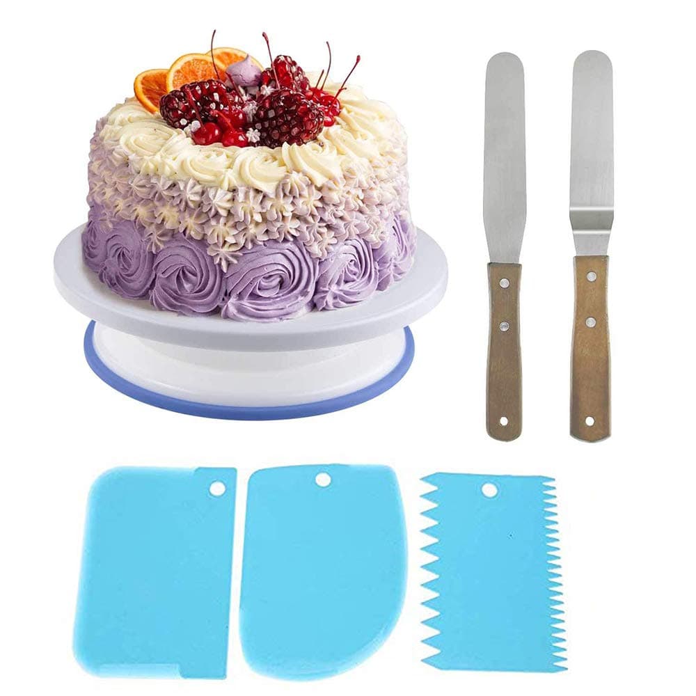 11 Inch Rotating Cake Turntable with 2 Icing Spatula, Set of 3 Icing Smoother - for Baking-Revolving Cake Stand White Baking Cake Decorating Supplies - GFung
