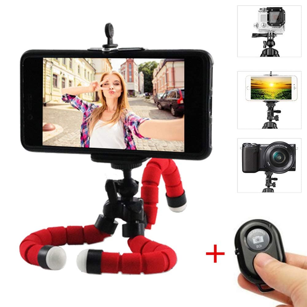Cell Phone Tripod, Portable and Adjustable Camera Stand Holder with Wireless Bluetooth Remote and Universal Clip 360° Rotating Tripod Compatible with iPhone/Android Phone/Camera (Red)