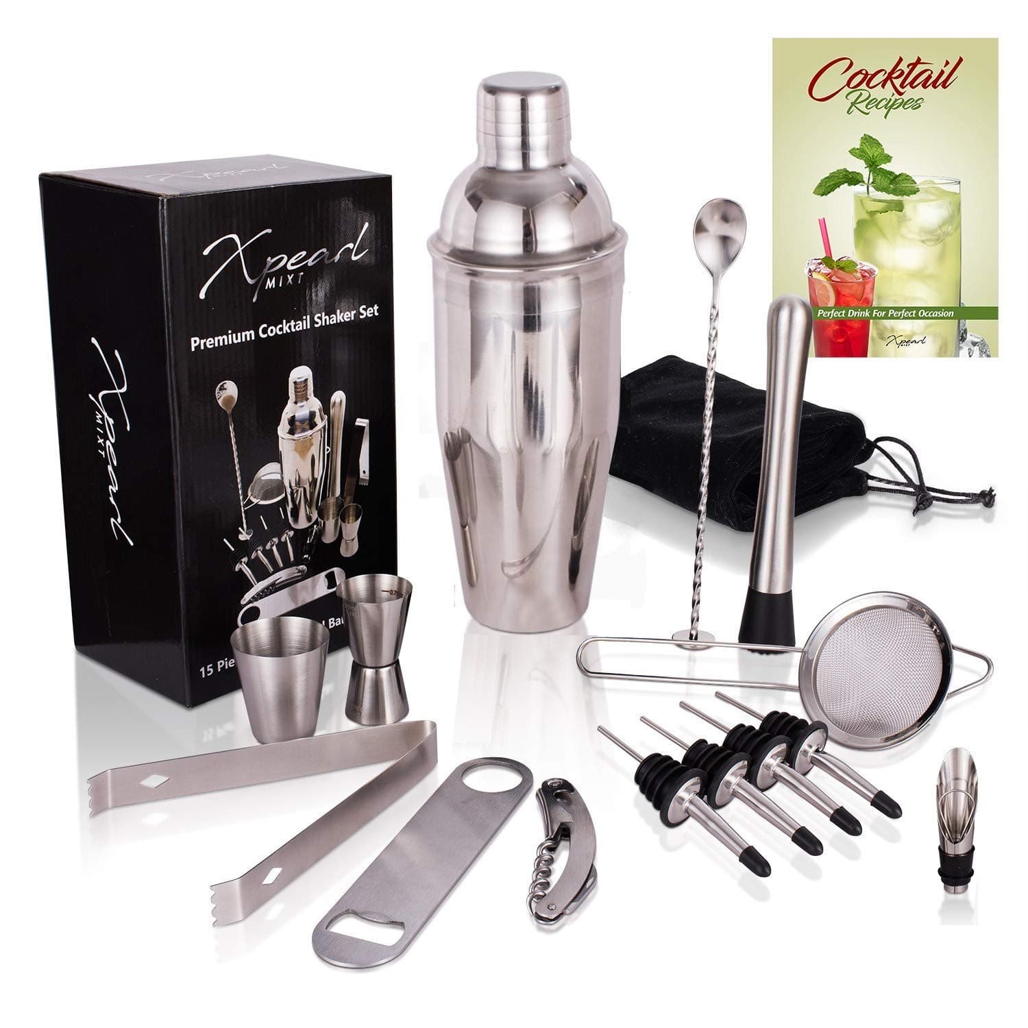 Cocktail Shaker Set Bartender Kit - All Your Essential 15 Pcs Bar Accessories like Martini Shaker, Jigger, Drink Mixer, Muddler, Cocktail Strainer | Come with Bonus Velvet Bag & eBook