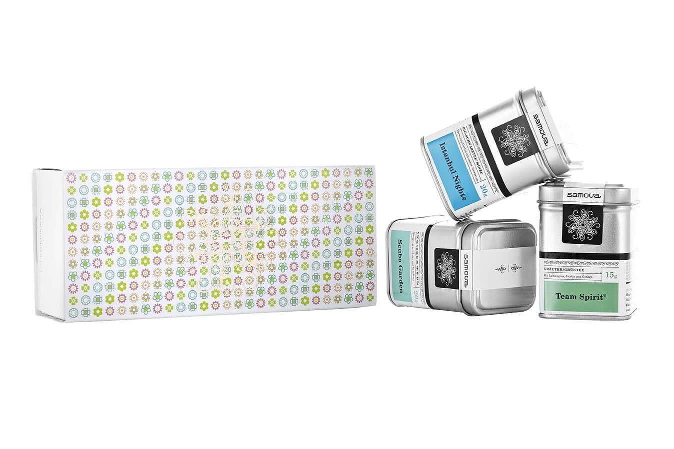 Samova Tasting-Box, 3 Pcs, 3 Mini Samples, loose Tea in a Box, Istanbul Nights, Team Spirit, Scuba Garden