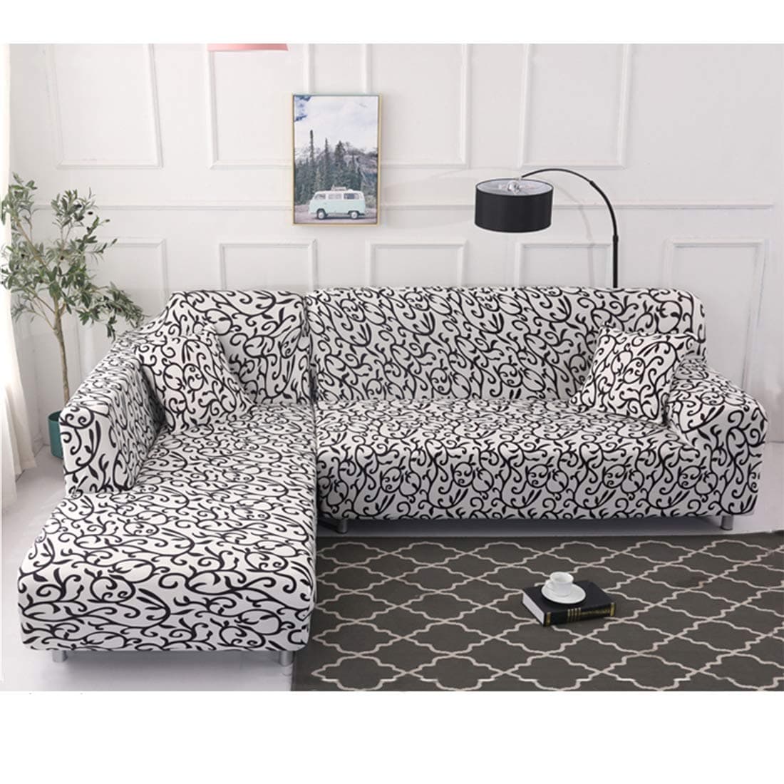 OSISLE High Elastic Printing Polyester L-Shaped Sofa Cover Non-Slip Sofa Cover; 2PCS Elastic Sleeve Sliding Cover + 2 Pillow Cases(L-Shape 3+2 Seats) (BC014)