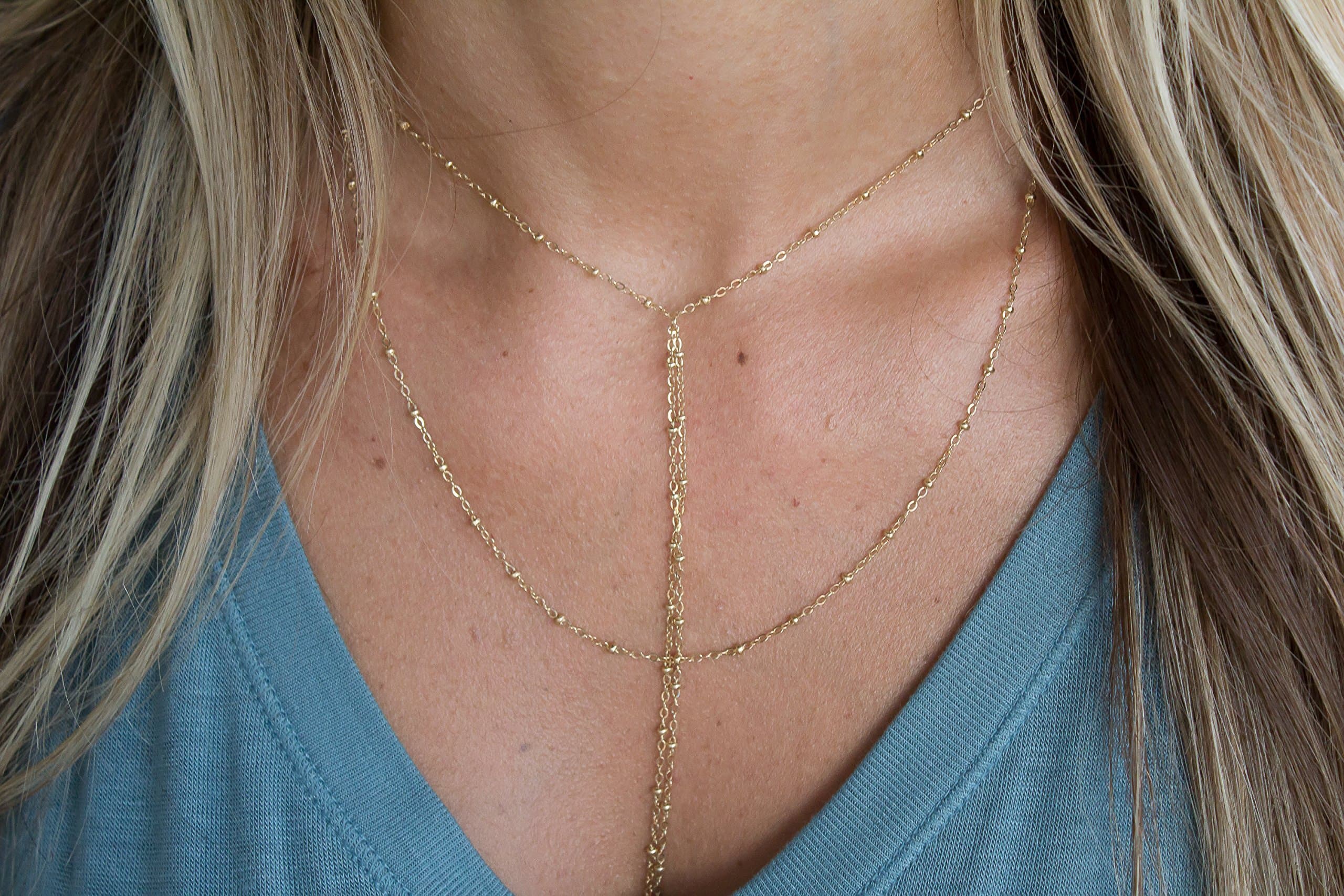 Double Thin Beaded Chain Layered Necklace