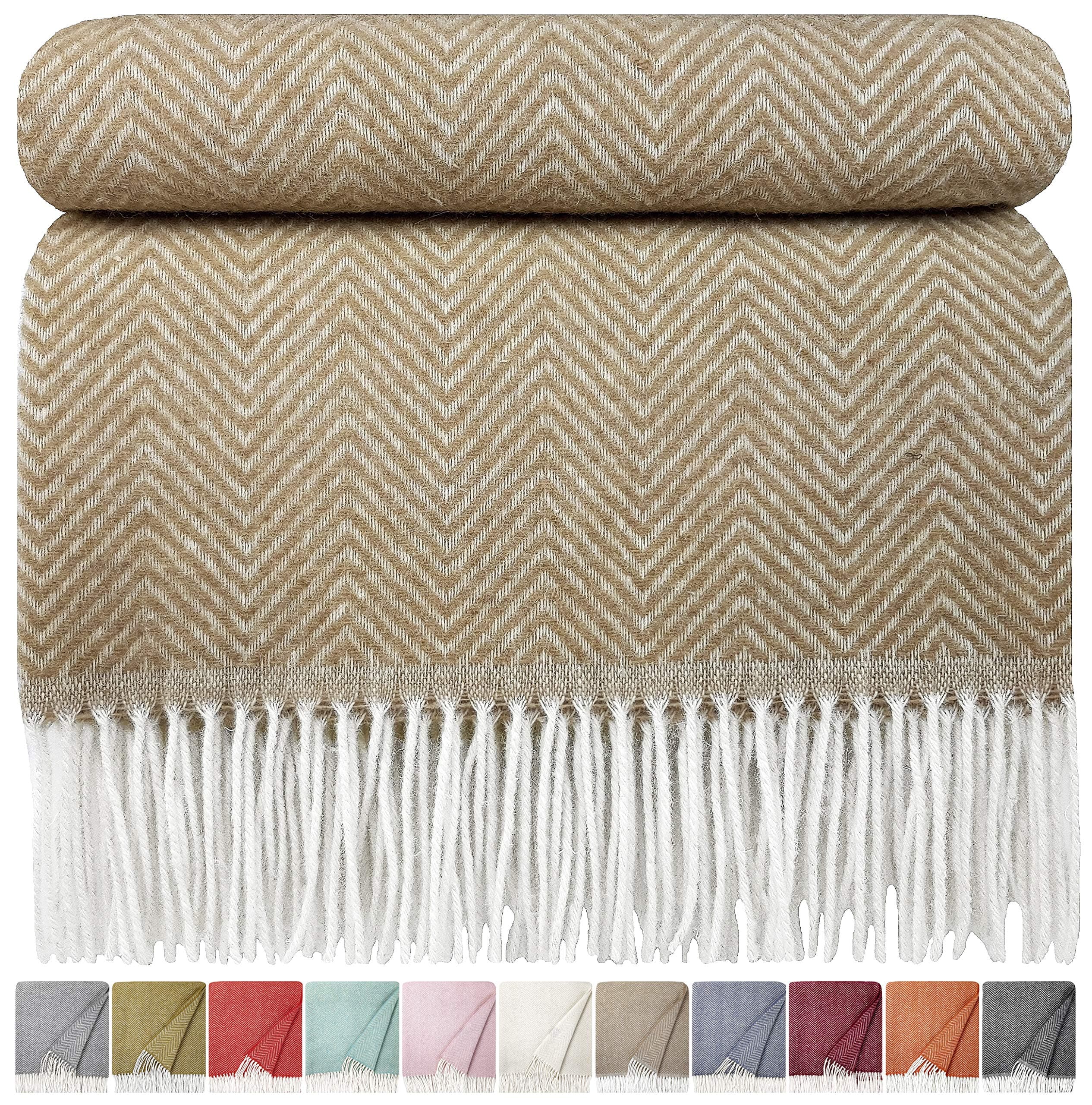 STTS International Plaid, Blanket, Throw, Bedspread, Sofa, Bed, 80% Wool, 55"x 78"(140x200 cm), colour: beige- white