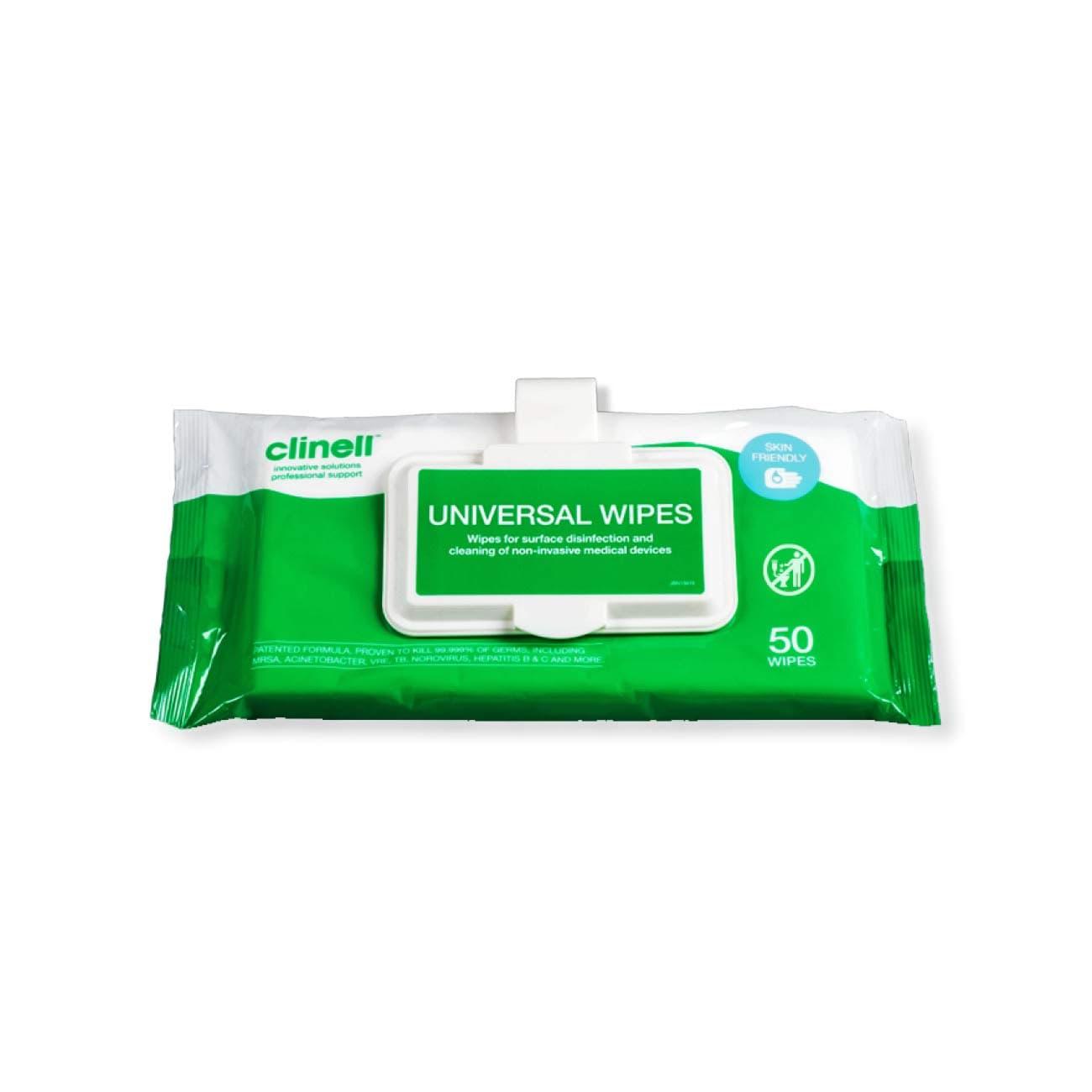 – Universal Cleaning and Surface Disinfection- Multi Purpose - Kills 99.99% of Germs, Effective from 30 Seconds - 1 x Clip Pack of 50 Wipes