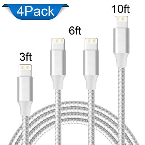 AOFU Lightning Cable,Charger Cables 4Pack 3FT 6FT 6FT 10FT to USB Syncing Data and Nylon Braided Cord Charger for iPhone X/8/8Plus/7/7Plus/6/6Plus/6s/6sPlus/5/5s/5c/SE and More - Silver&Gray …