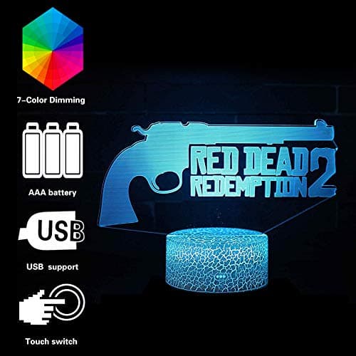 Red Dead Redemption 2 Light 3D Mood Optical Vision Night Lights Lamp RGB Changeable Lighting Base Acrylic Crafts for Birthday Holiday Party Decor as Gifts for Game Lovers Kids Boys(red Dead Gun)