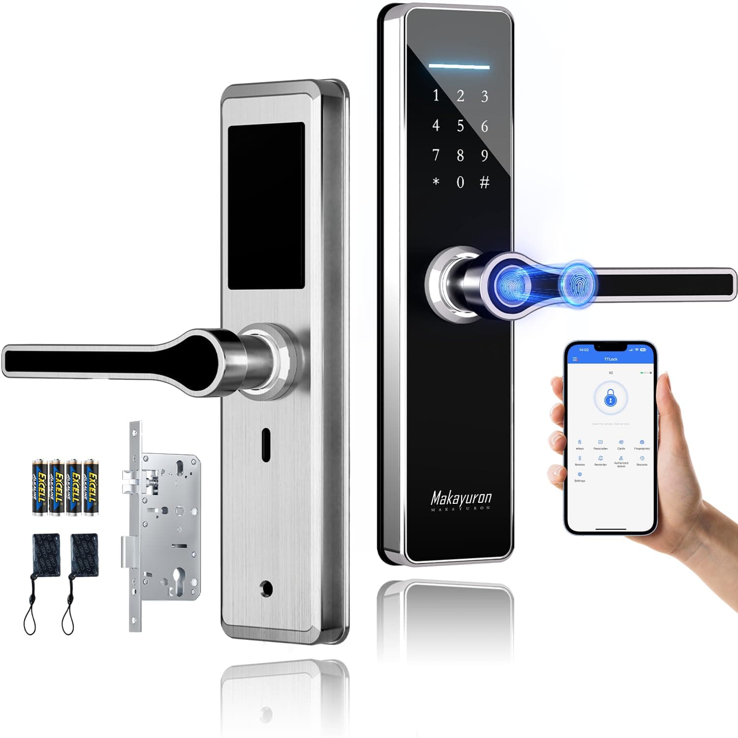 Stainless Steel Smart Lock,TT Lock Bluetooth Version Smart Door Lock unlock by Fingerprint,Remote,Nfc Card With 8pcs Batteries(GDH5-Silver)