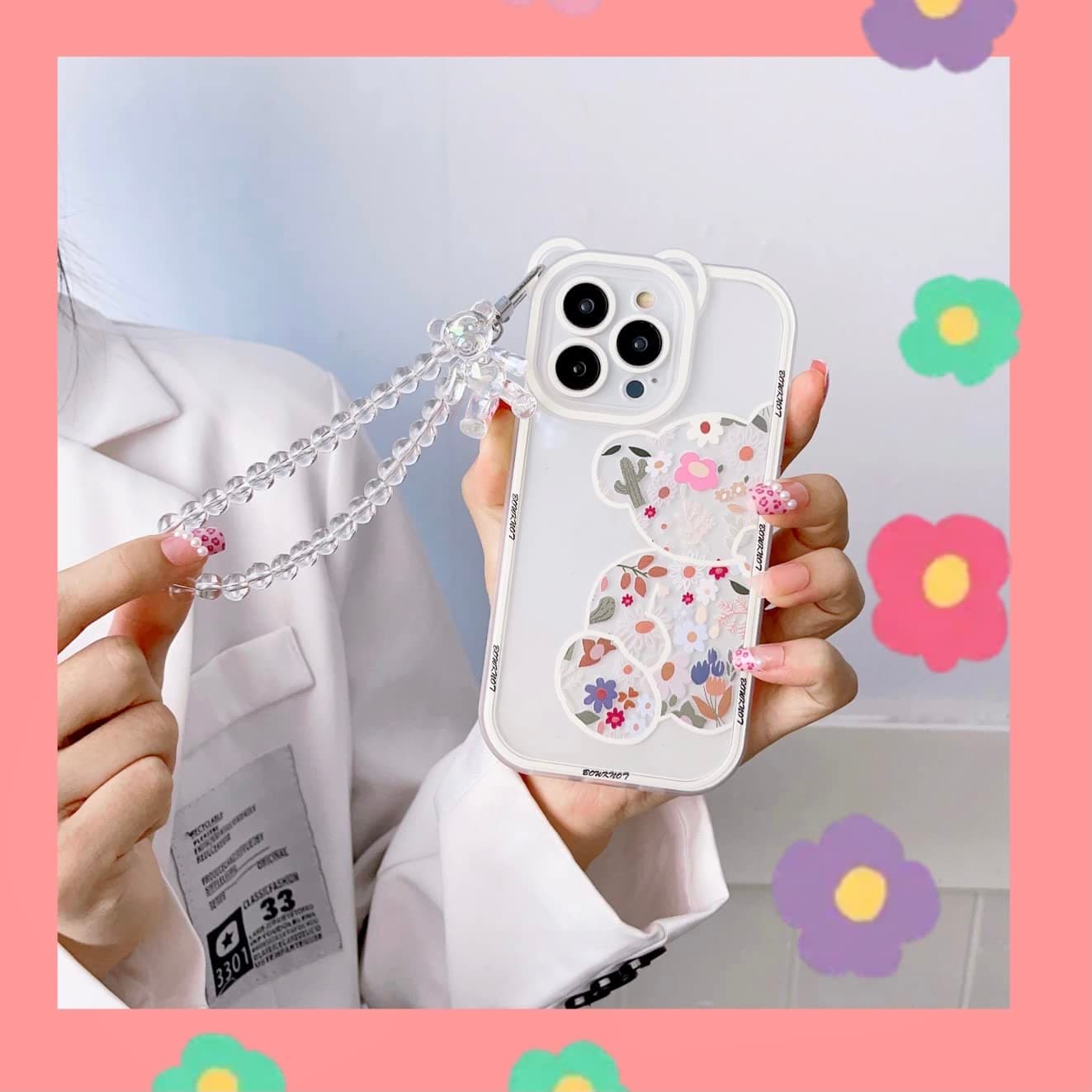 Shinymore Compatible with iPhone 13 Pro Max Case, Cute Flowers Bear Camera Protector Clear Case with Lovely Strap Bracelet Chain Girls Women Case for iPhone 13 Pro Max