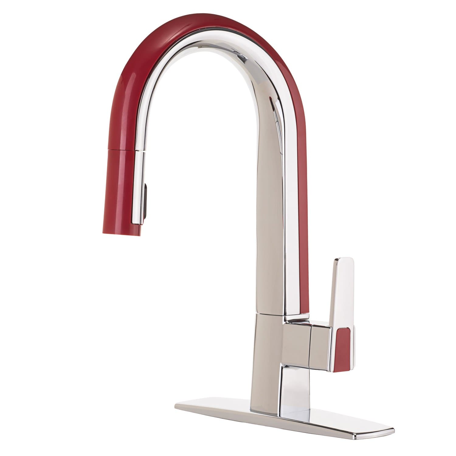 88018-51,Pull-Down Kitchen Faucet,1 or 3 Hole Installation, High 15 INCH-Arc Spout, Single Handle, 2 Spray Settings,Metal body with Advanced Polymer Materials,Non Corrosive, Lead-Free, Chrome/Red