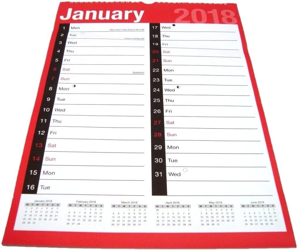 Tallon 2019 Easy View One Month to View Hanging Wall Calendar A3 Planner Black & Red