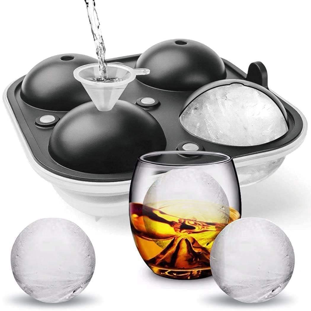 Large Ice Cube Trays for Whiskey, 2.5" Flexible 4 Ice Balls Maker with Lids & Bonus Funnel, BPA Free Round Silicone Ice Cube Molds, Reusable Sphere Ice Tray for Cocktail, Bourbon, Scotch
