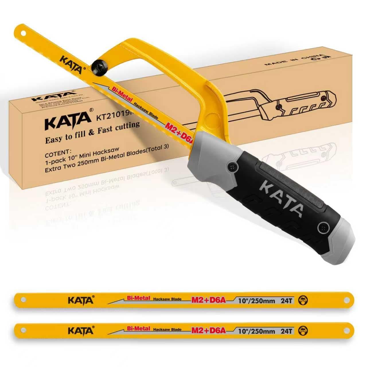 KATA Mini Hacksaw for Metal Cutting, Compact Hand Hack Saw Tool with 10 Inch Aluminum Frame and 2 Piece Extra Flexible Bi-Metal HSS Saw Blades, Small Handsaw Cutter for Wood, PVC, Iron, Copper