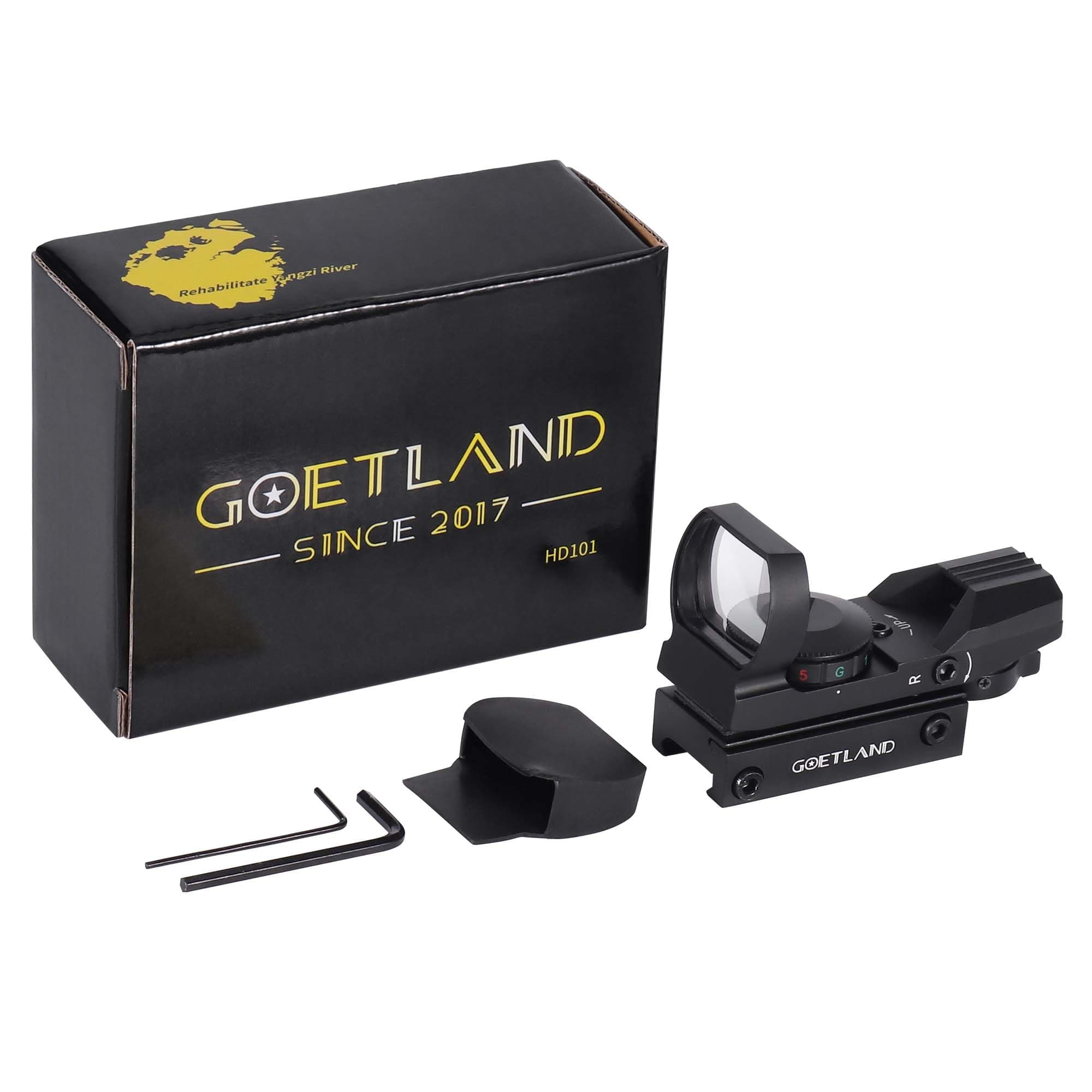 Goetland Reflex Sight Adjustable 4 Reticle Patterns Green Red Dot Illuminated 33mm Lens with 20mm Rail for Airsoft Tactical Hunting
