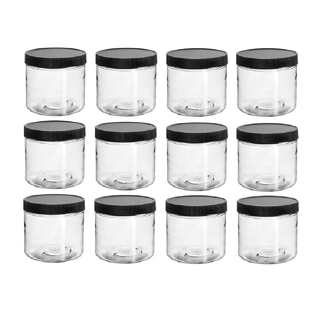Clear Plastic Jar 4 ounce with Black Ribbed Lid (Pack of 12), Refillable Storage Containers with Lids for Cosmetic, Kitchen, DIY Products, Arts and Crafts