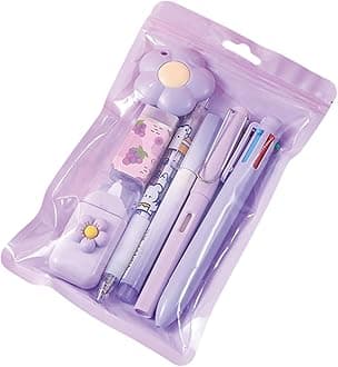 7 Pcs Cute Purple Stationery Set Kawaii School Supplies Office Supplies Including Ballpoint Pens Pencil Sharpener Highlighter Correction Tape Ruler Utility Knife (Purple)